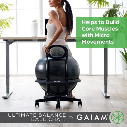 Gaiam Classic Balance Ball Chair – Ergonomic Stability Chair for Desk & Office | Yoga Ball Seat with Base, Air Pump, & Exercise Guide | Improves Posture & Core Strength (300 lb Capacity)
