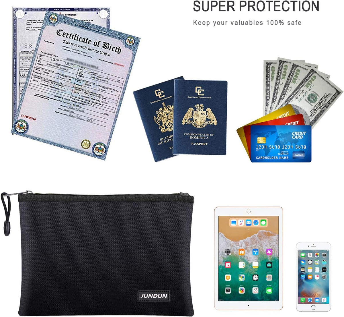 JUNDUN Fireproof Document Bags,14.2”x 10.0”Waterproof Fireproof