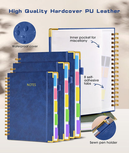 Hardcover Spiral Notebook journal with Removable Dividers Tabs, 300 Pages Leather 5 Subject Notebook College Ruled, 8"x10" Large B5 Notebooks for Work School Note taking, Lined Journal for Women,Black