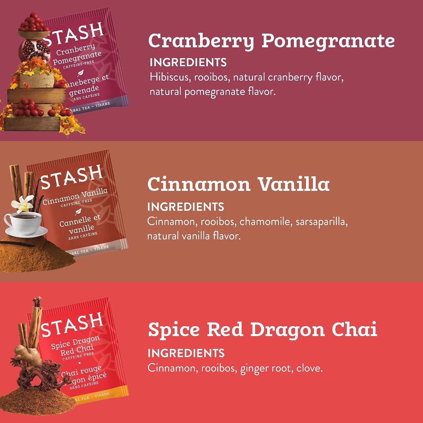 Stash Tea Soothing Herbal Tea 6 Flavor Variety Pack, 6 Boxes With 18-20 Tea Bags Each
