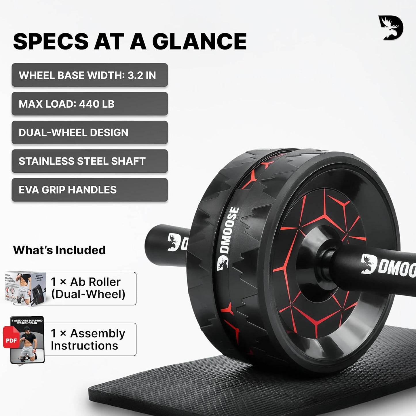 DMoose Fitness Ab Roller Wheel with Elbow Support & 2 Knee Pads - Abdominal Exercise Trainer for Core Strength Training - Ultimate Abs Workout Equipment for Home and Gym - Ab Machine for Men & Women