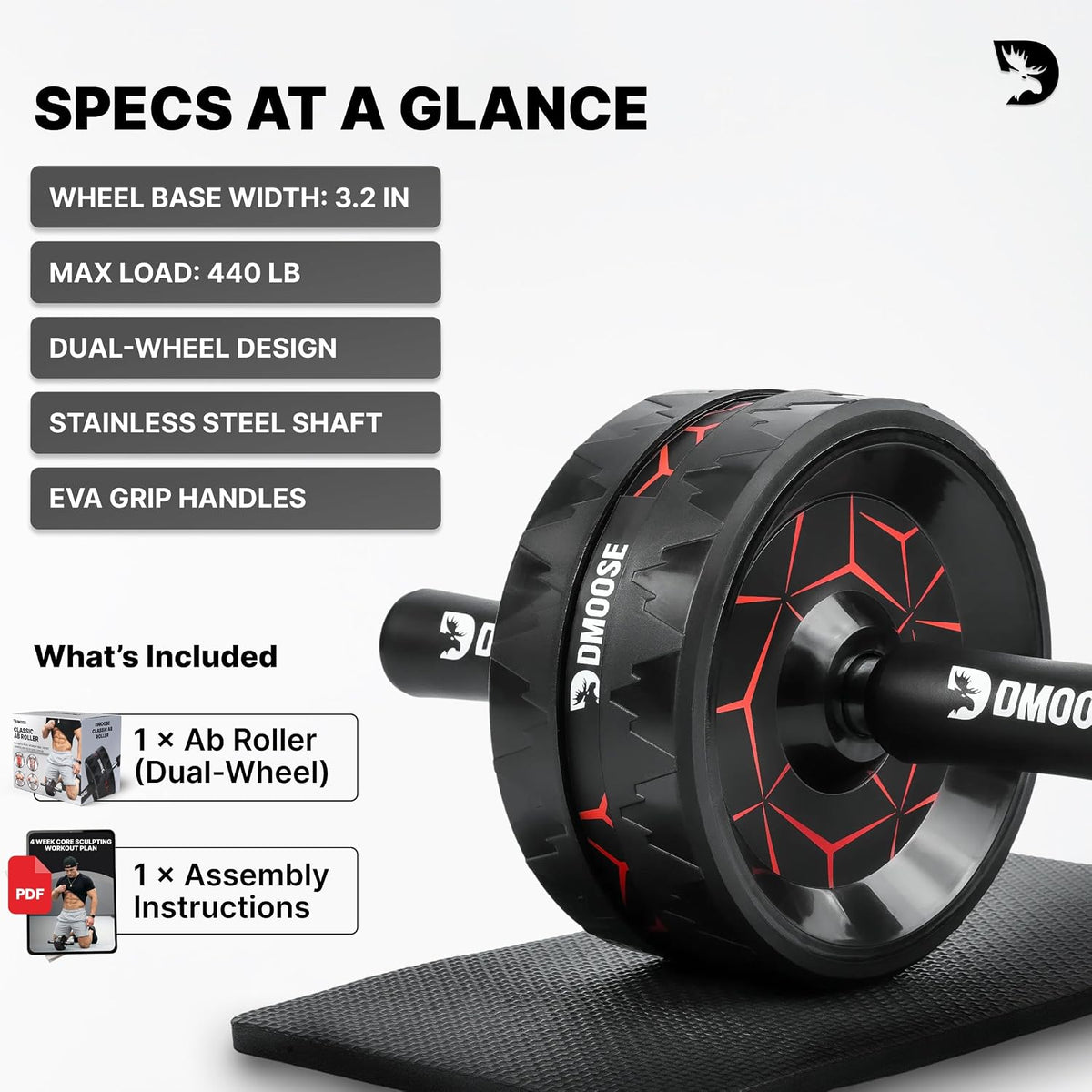 DMoose Fitness Ab Roller Wheel with Elbow Support & 2 Knee Pads - Abdominal Exercise Trainer for Core Strength Training - Ultimate Abs Workout Equipment for Home and Gym - Ab Machine for Men & Women