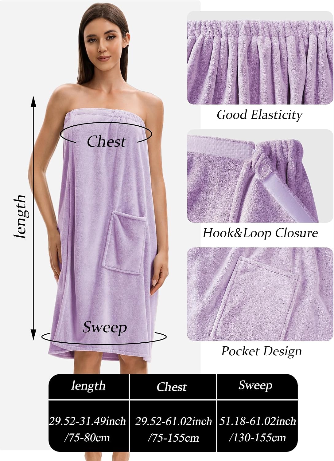 Towel Wrap For Women After Shower，Plush Bath Robe Female，Sauna Spa Wrap Around Towels With Pockets