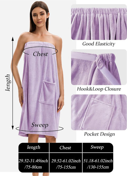 Towel Wrap For Women After Shower，Plush Bath Robe Female，Sauna Spa Wrap Around Towels With Pockets
