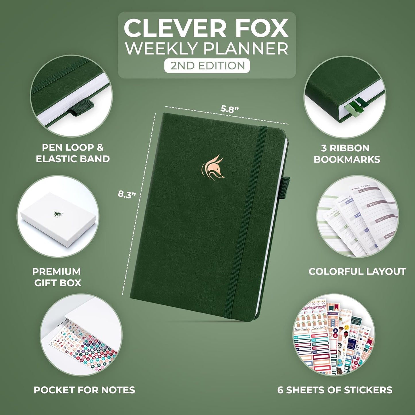 Clever Fox Planner 2nd Edition – Colorful Weekly & Monthly Goal Planner, Time Management & Productivity Organizer, Undated, A5 (Dark Teal)