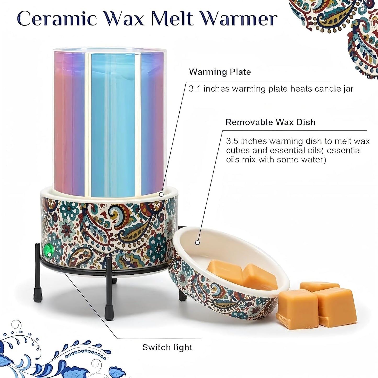 NAFANG Blue & White Porcelain Pattern Wax Melt Warmer,Ceramic 3-in-1 Electric Candle Wax Warmer for Scented Wax Melter Oil Burner for Home Office Bedroom Gift & Decor (with KD Iron Shelf)