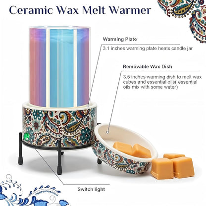 NAFANG Blue & White Porcelain Pattern Wax Melt Warmer,Ceramic 3-in-1 Electric Candle Wax Warmer for Scented Wax Melter Oil Burner for Home Office Bedroom Gift & Decor (with KD Iron Shelf)