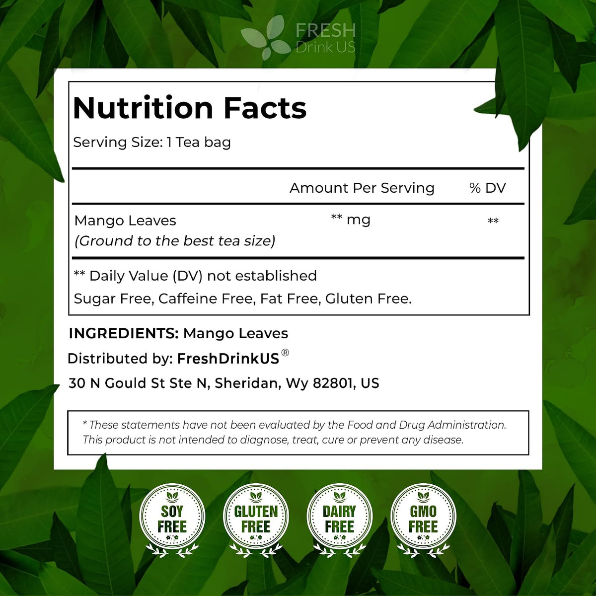 FreshDrinkUS, Premium 40 Mango Leaf Tea Bags, 100% Natural& Pure from Mango Leaves. Herbal Tea. No Sugar, No Caffeine, No Gluten, Vegan.