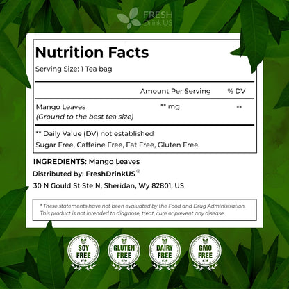 FreshDrinkUS, Premium 40 Mango Leaf Tea Bags, 100% Natural& Pure from Mango Leaves. Herbal Tea. No Sugar, No Caffeine, No Gluten, Vegan.