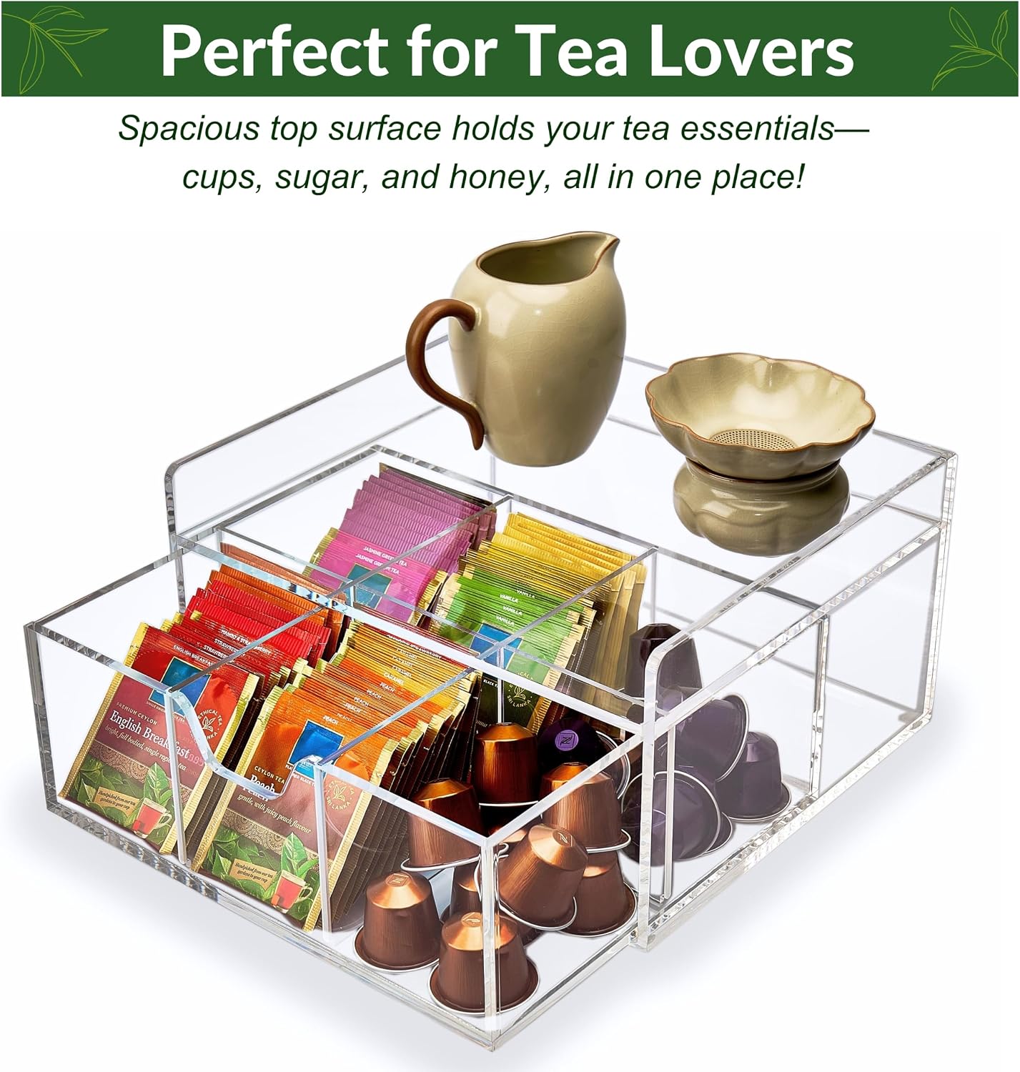Heavy-Duty Acrylic Tea Bag Organizer, 8-Compartment Storage Box | Perfect Organizer: 8-compartment design keeps tea bags and coffee pods neatly sorted, saving space on your countertop.