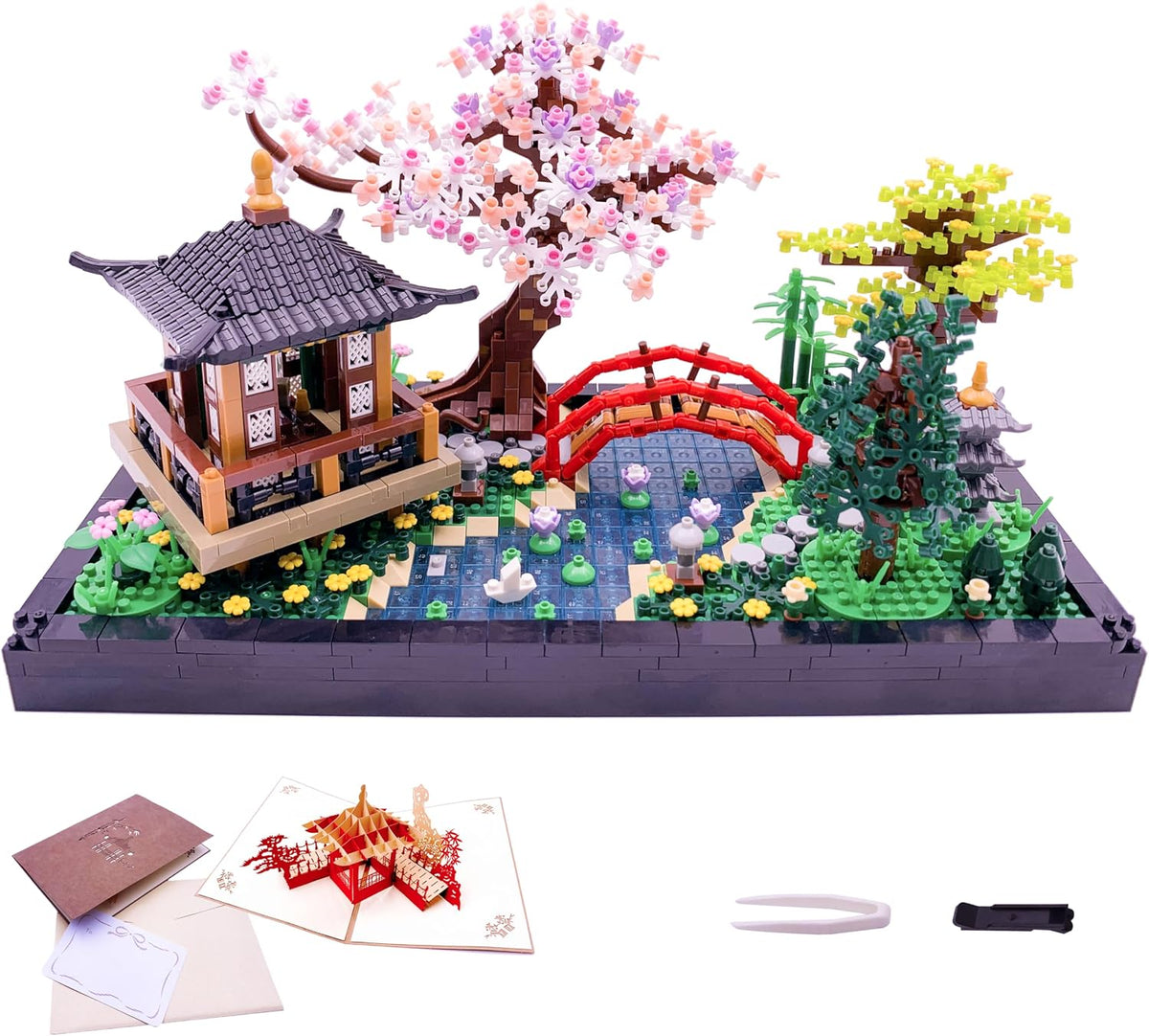 Micro Building Blocks Sets，Chinese Zen Garden Architecture and Cherry Blossom Bonsai Tree Building Toys for Adults，Japanese Sakura House Model，Creative Mini Bricks Gift for Kids 14+，2280 PCS