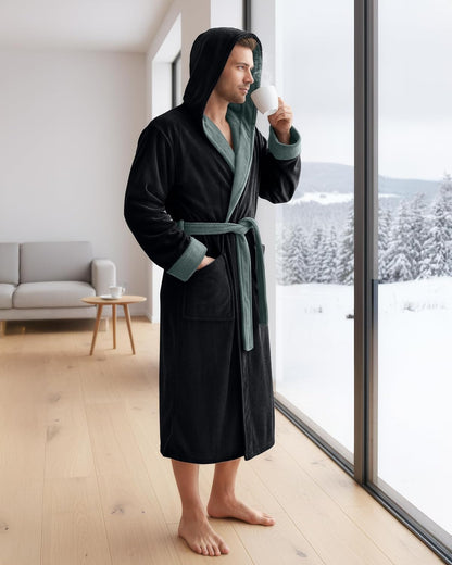 NY Threads Mens Robe with Hood, Luxury Plush Fleece Hooded Mens Bathrobe, Spa Bath Robe for Men