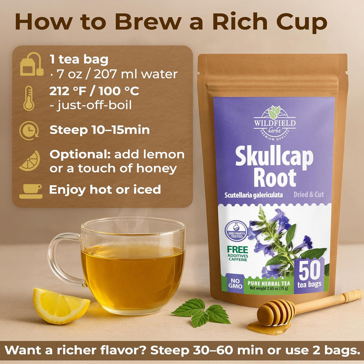 50 Bags Skullcap Herbal Tea (Scutellaria) – 50 Tea Bags 1.5g Skullcap Herb Escutelaria