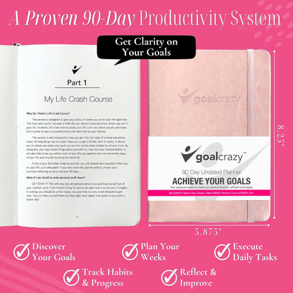 Goal Crazy Undated Planner – 90 Day Guided Journal & Productivity Organizer, A5 Daily & Weekly Planner with Goal Setting, Habit Tracker, To Do List, Academic & Work Calendar, Leather Hardcover - Black