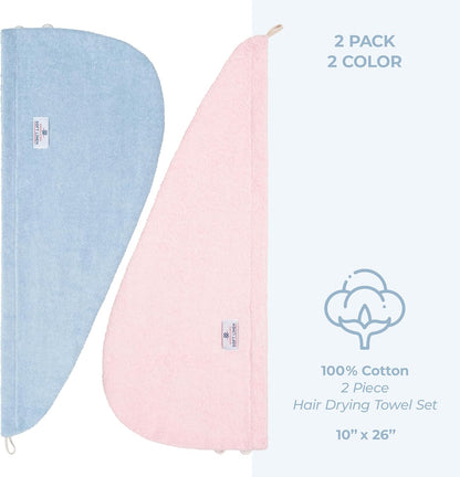 American Soft Linen 100% Cotton Hair Towels for Women, Head Towel Cap, Cotton Hair Turban Towel Wrap for Long Curly Anti Frizz Hair, Soft and Absorbent Cotton Hair Towels 2 Pack, White