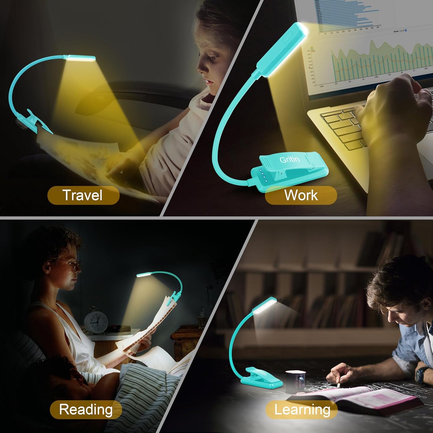Gritin 9 LED Rechargeable Book Light for Reading in Bed | Eye Caring 3 Color Temps,Stepless Dimming Brightness,80 Hrs Runtime Small Lightweight Clip On Book Reading Light for Studying