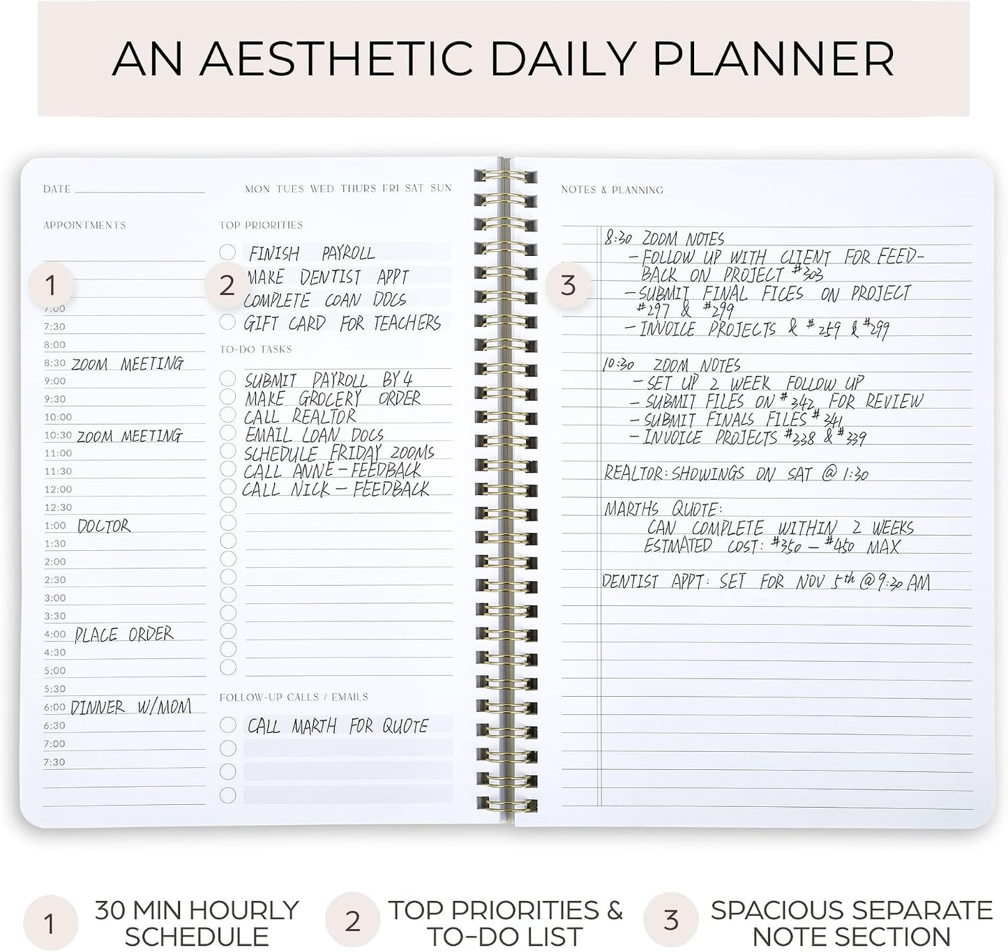 Beautiful Daily Planner And Notebook With Hourly Schedule - Aesthetic Spiral To do List Notepad to Easily Organize Your Work Tasks And Appointments - The Perfect Office Supplies For Women