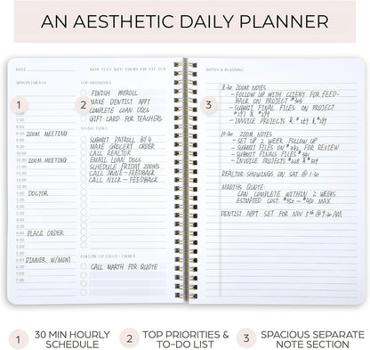 Beautiful Daily Planner And Notebook With Hourly Schedule - Aesthetic Spiral To do List Notepad to Easily Organize Your Work Tasks And Appointments - The Perfect Office Supplies For Women