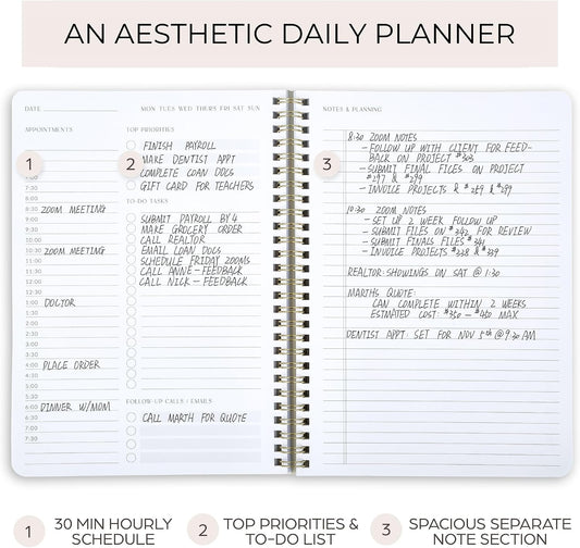 Beautiful Daily Planner And Notebook With Hourly Schedule - Aesthetic Spiral To do List Notepad to Easily Organize Your Work Tasks And Appointments - The Perfect Office Supplies For Women