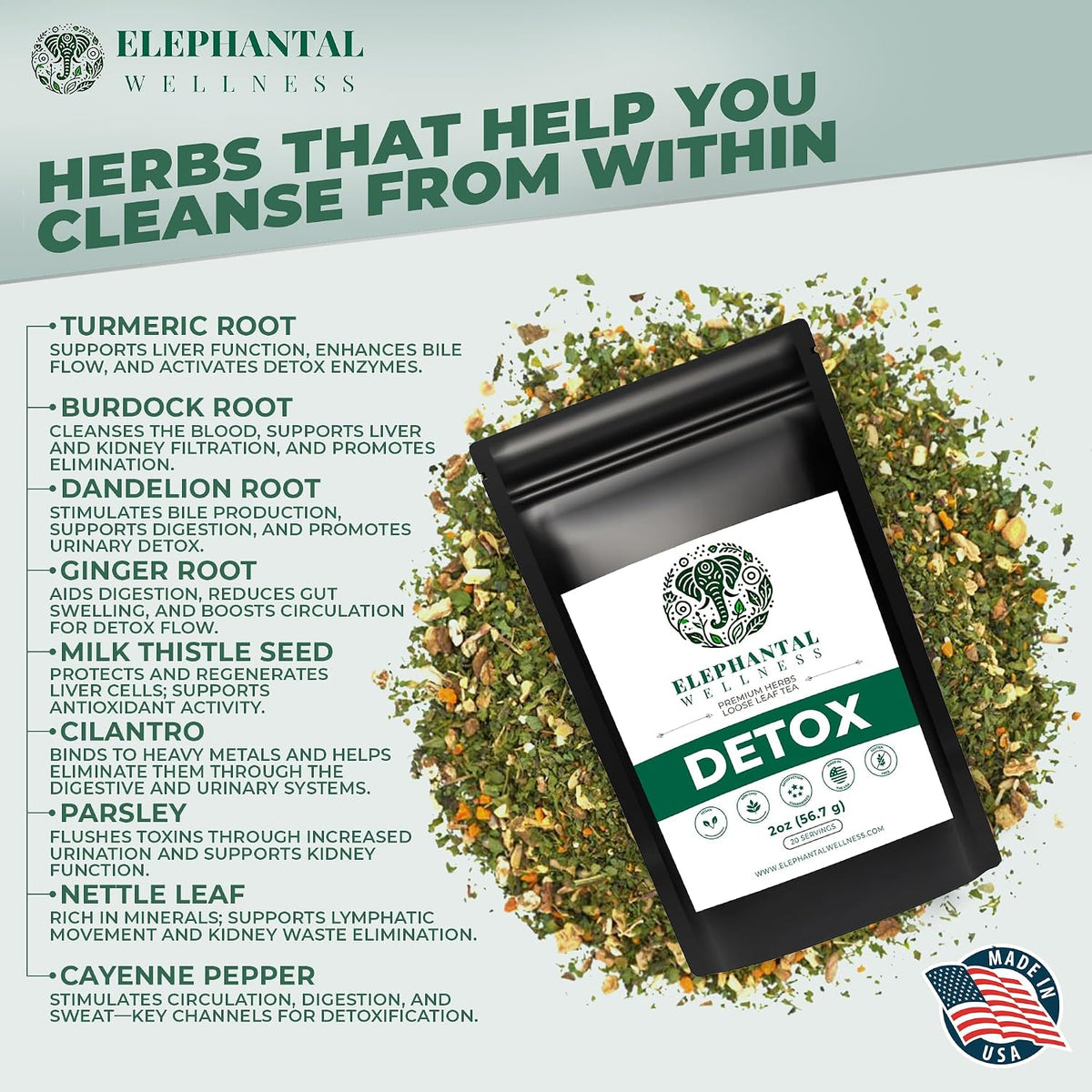 Elephantal Wellness Premium Detox Herbal Tea | Daily Liver, Kidney, Blood & Digestive Support with Turmeric, Nettle Tea, Milk Thistle, Dandelion Tea & Burdock | Handmade, Caffeine-Free Loose Leaf Blend | 2oz, 20 Servings