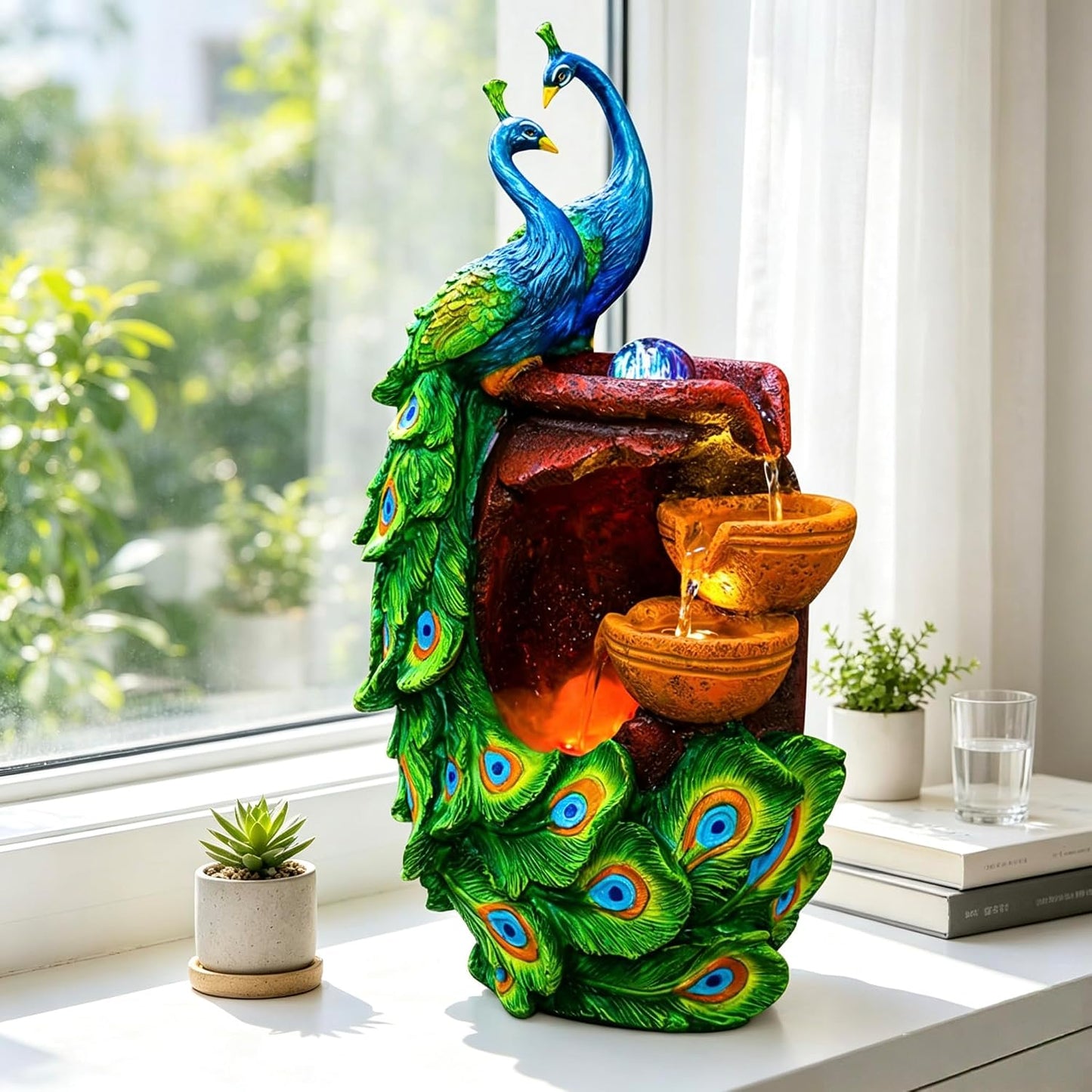 Mini Artificial Bonsai Tree Waterfall Fog Feature Rock Tabletop Fountain | 11in Desktop Decor Waterfall Fountain W/ Water Pump& Atomizer&LED Lights &Fake Tree Office Bedroom Relax