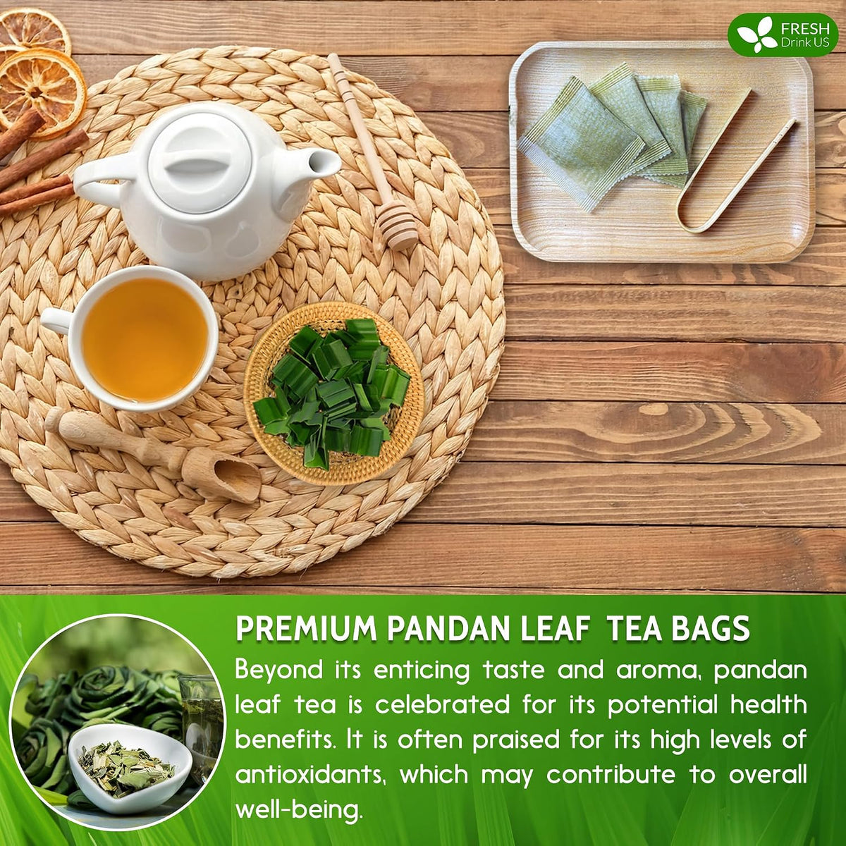 FreshDrinkUS, Premium Pandan Leaf Tea, 30 Count, Pure, Caffeine Free