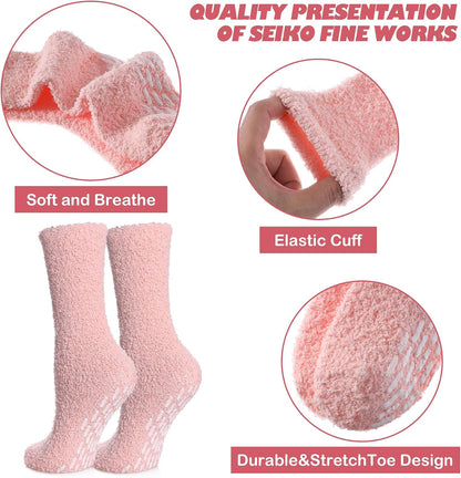 LINEMIN Non-Slip Fuzzy Socks for Women - Cozy Hospital Soft Fluffy Socks With Grips - Winter Warm Slipper