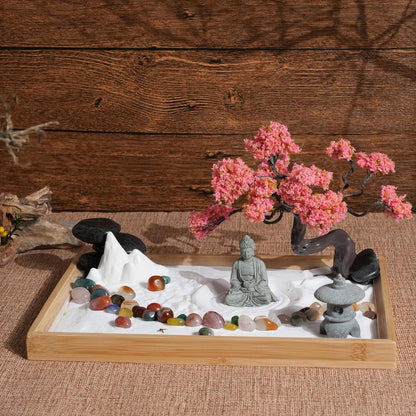 Mini Zen Garden for Desk Bodhi Tree and Buddha | Desktop Sand Tray Japanese Zen Garden Kit for Therapy Office Decor, Home Decor, Meditation Gifts