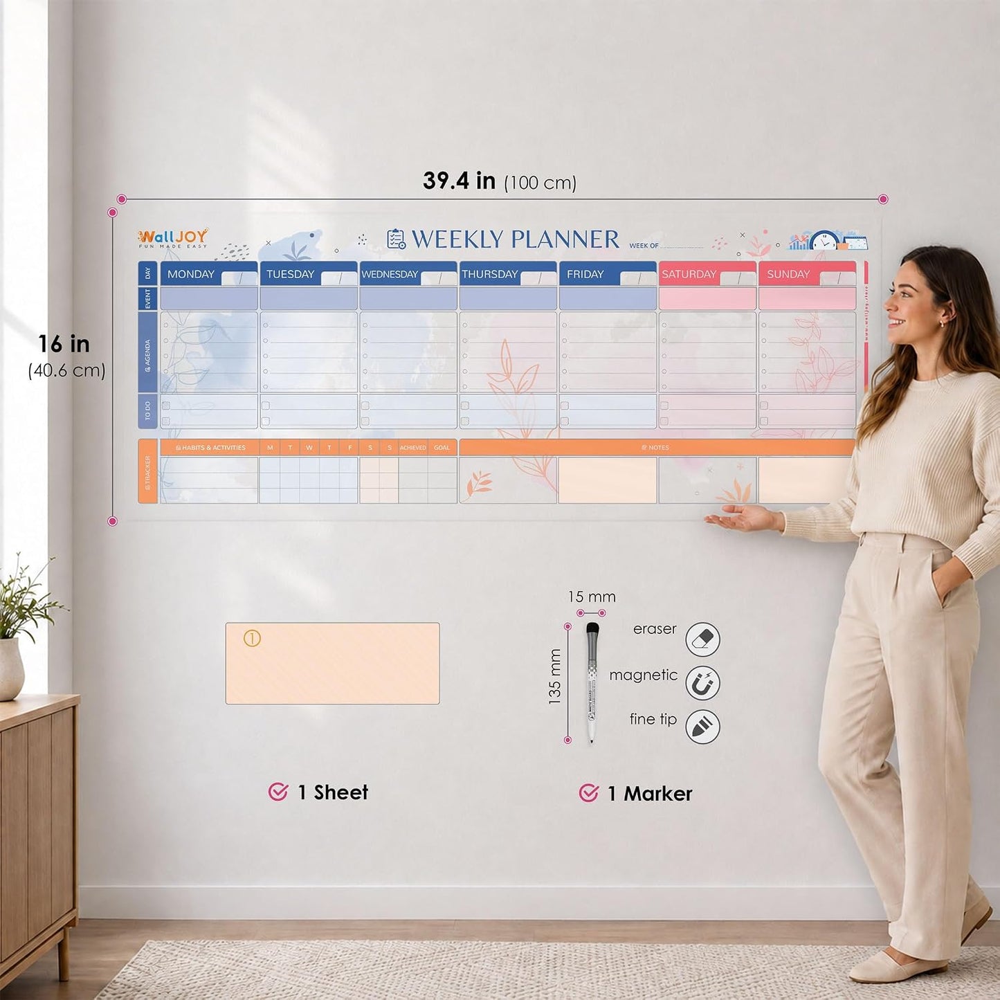Dry Erase Weekly Calendar, 39.4x16" Weekly Dry Erase Board for Wall