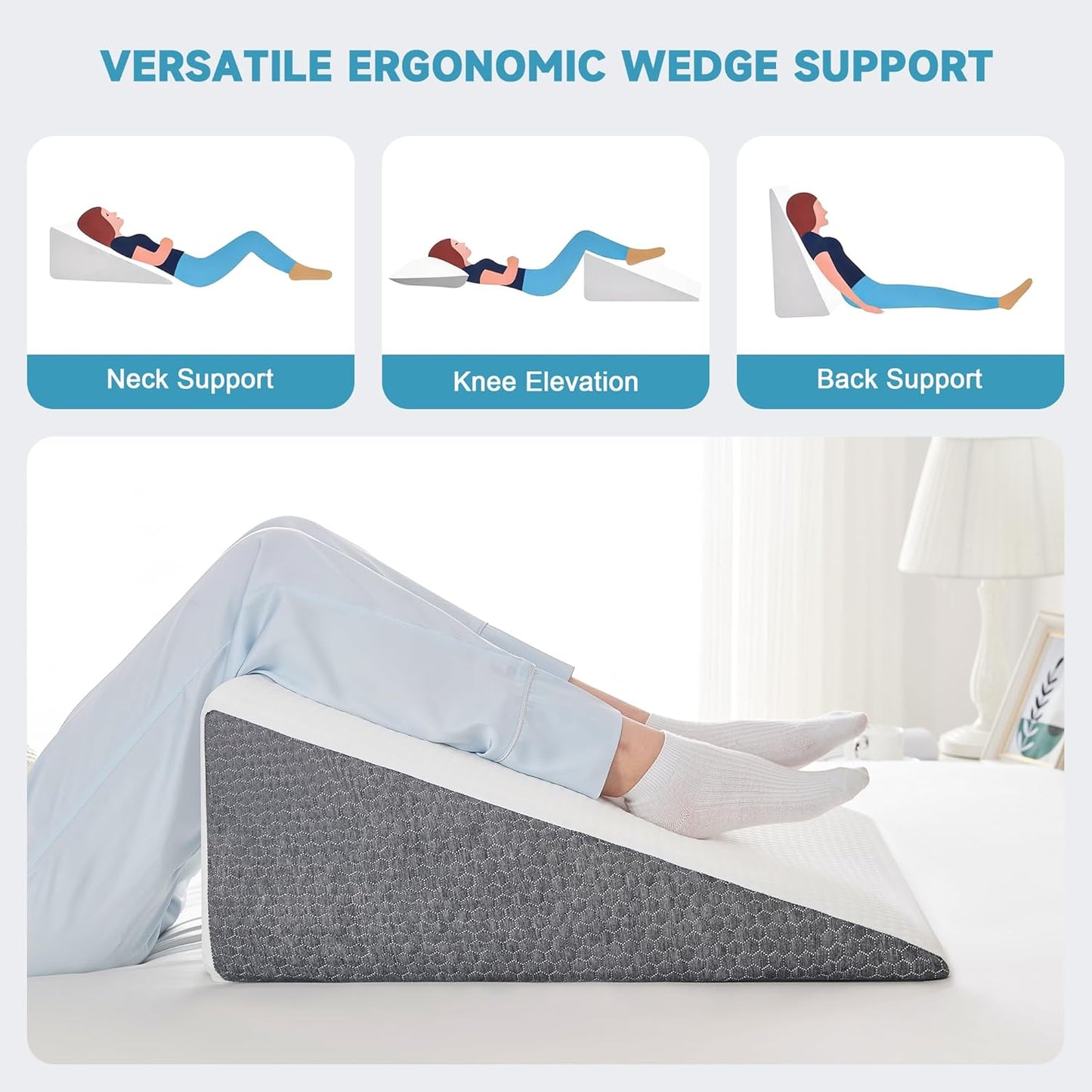 Yojoker Wedge Pillow for Sleeping - 12 Inch Bed Wedge for Headboard Triangle Pillow, Memory Foam Wedges for Acid Reflux, GERD, Snoring, Post Surgery Back Pain Relief, Leg Elevation, Washable Cover