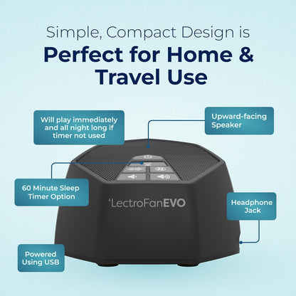 Adaptive Sound Technologies LectroFan EVO - Non-Looping Sound Machine for Sleep - Soothing Noise - Convenient Sleep Timer - Lightweight Build - USB-Powered - White