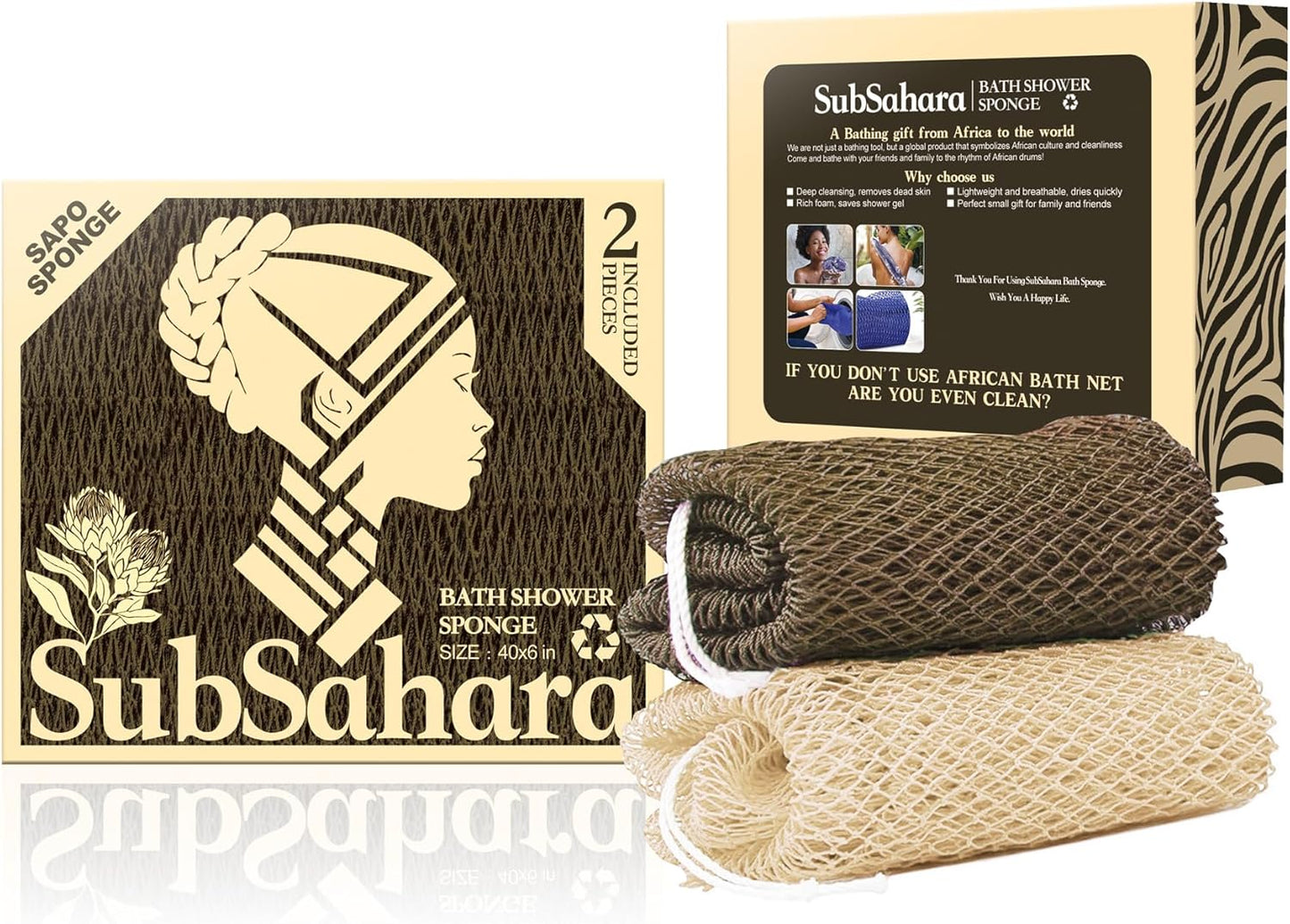 SubSahara Authentic African Net Sponge - 2 Pack Exfoliating Bath & Shower Loofah Sponge for Body & Face, Gentle Scrubber for All Skin Types, Travel, Durable Polyester (Olive Green & Light Green)