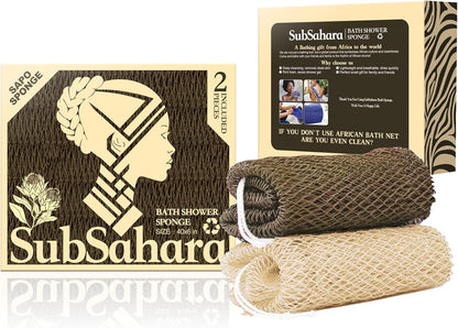 SubSahara Authentic African Net Sponge - 2 Pack Exfoliating Bath & Shower Loofah Sponge for Body & Face, Gentle Scrubber for All Skin Types, Travel, Durable Polyester (Olive Green & Light Green)