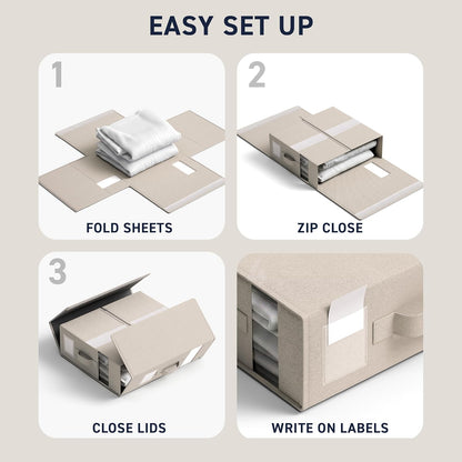 Ornavo Home Linen Bed Sheet Organizer Bins 4 Pack, With Handles, Beige
