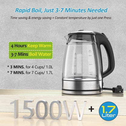 NISVITU 1.7L Dual Wall Cool Touch Electric Kettle, BPA-Free Borosilicate Glass Inner, PC Outer, 1500W Fast Boil Cordless Hot Water Boiler & Electric Tea Kettle, Keep Warm, Auto Shut-Off, White