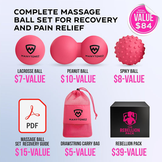 Hard Massage Ball Set - Lacrosse, Peanut, Spiky Ball (Medium Firm) with Carry Bag & eBook Guides - for Trigger Point, Muscle Physical Therapy, Myofascial Release, Deep Tissue Pressure