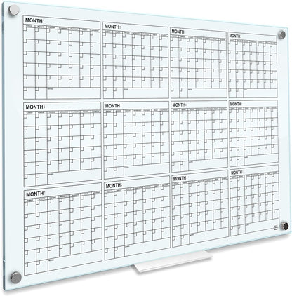 Magnetic 34”x46” Glass Whiteboard Calendar Yearly Dry Erase Planner for Wall Large Glass Whiteboard Calendars for Home and Office