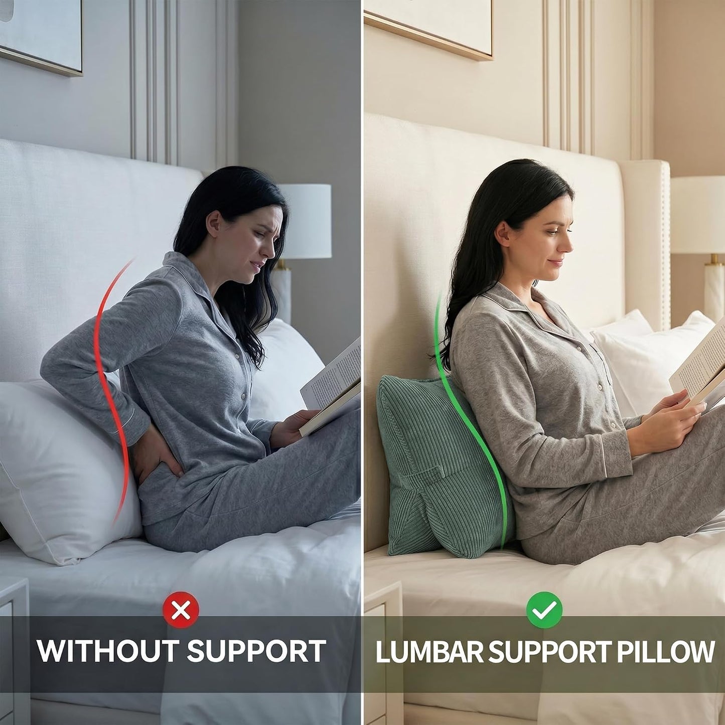 Pat. Pend. Corduroy Lumbar Support Back Pillow for Watching TV, Reading & Gaming, Ergonomic Triangle Support Cushion for Sofa, Armchair & Bed Sitting, Removable Washable Cover, Beige Gray