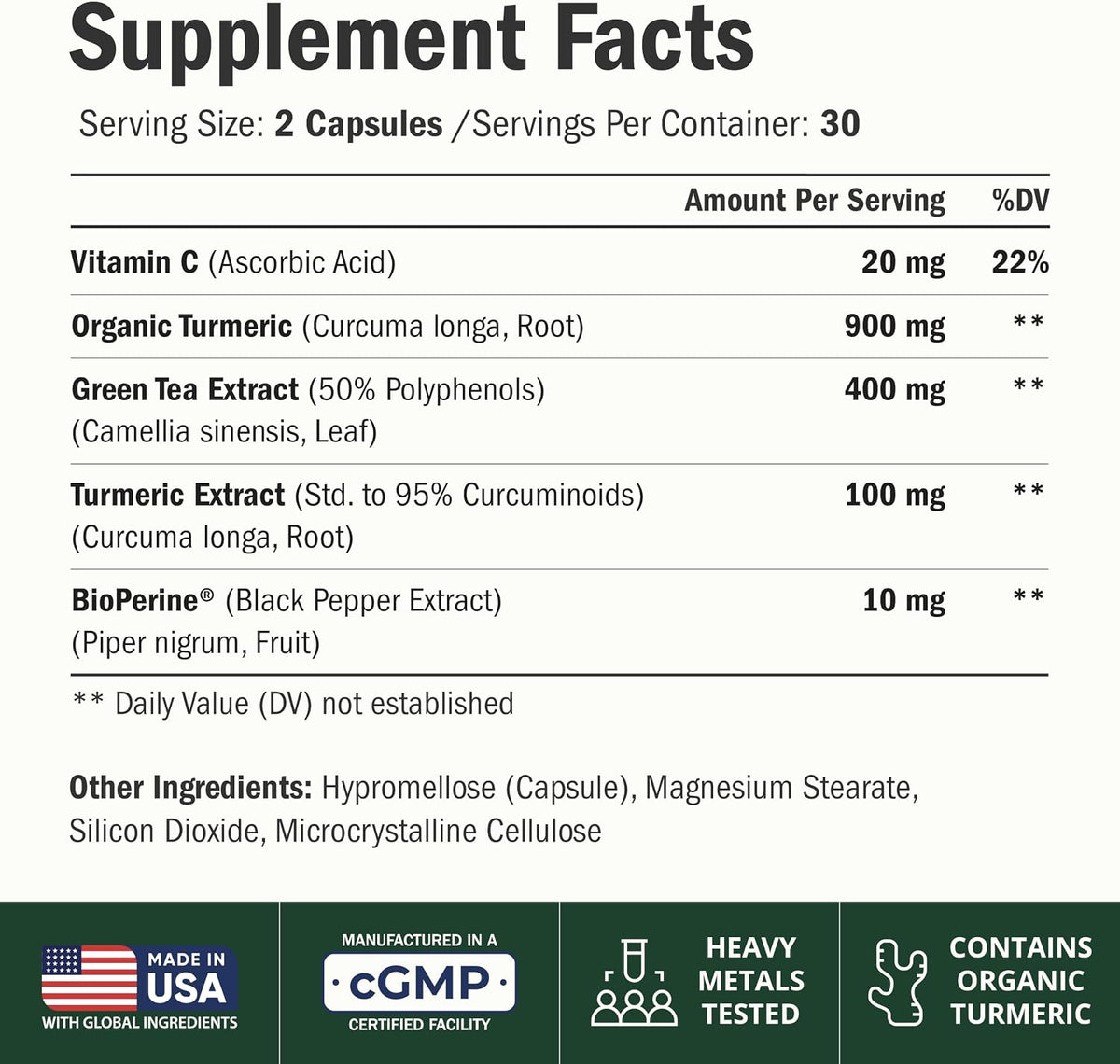 Turmeric Curcumin Supplement with Green Tea Extract & Bioperine 60 Capsules