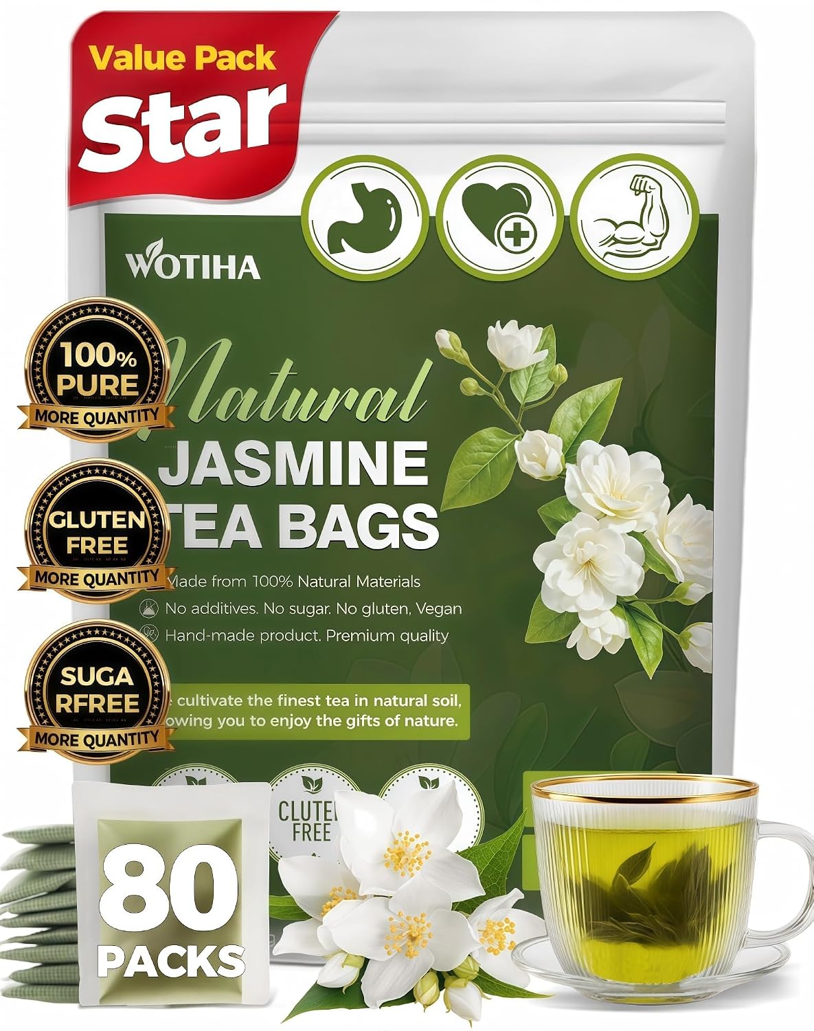 WOTIHA 60 Count Premium Lemon Balm Tea Bags - 100% Pure Natural Leaves, Lemony Citrusy Flavor, Supports Calming & Digestion, Caffeine-Free, Additive-Free, Sugar-Free, Vegan Non-GMO