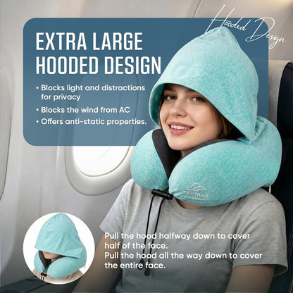 SkytraxComf® Travel Neck Pillow with Hood for Privacy on Long Flights | Memory Foam | Airplane Sleep | Safety-Tested Materials | Extra Large Hood | Chin Support | Earplugs | Washable Cover