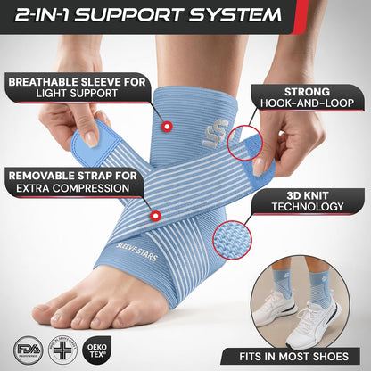 Sleeve Stars Ankle Brace for Women & Men, Ankle Wrap for Sprain, Compression Sleeve for Plantar Fasciitis Relief, Easy Customizable Support: w/ Removable Strap (Single/M:10"-12"/Black)