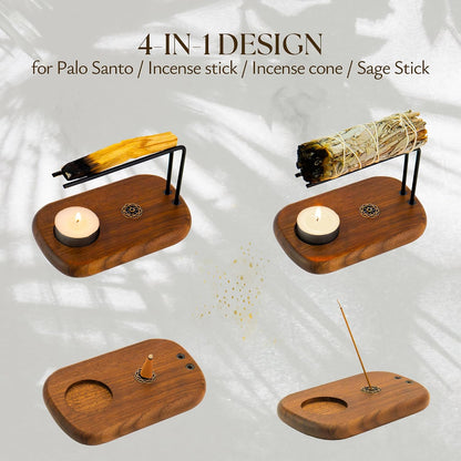 4 in 1 Walnut Wood Palo Santo Holder Hand-Crafted Incense Sticks Holder for Burning Sage with Booklet The Most Complete Palo Santo Holder for Your Meditation Room Home Decor Gift