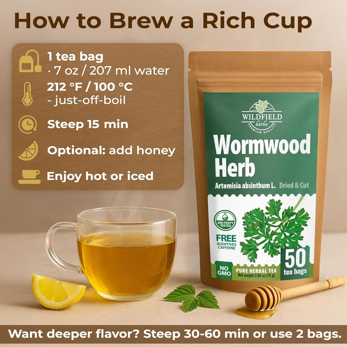 50 Bags Wormwood Herbal Tea (Artemisia Absinthum L.) – 50 Tea Bags 1.5g Absinthe Wormwood Herb