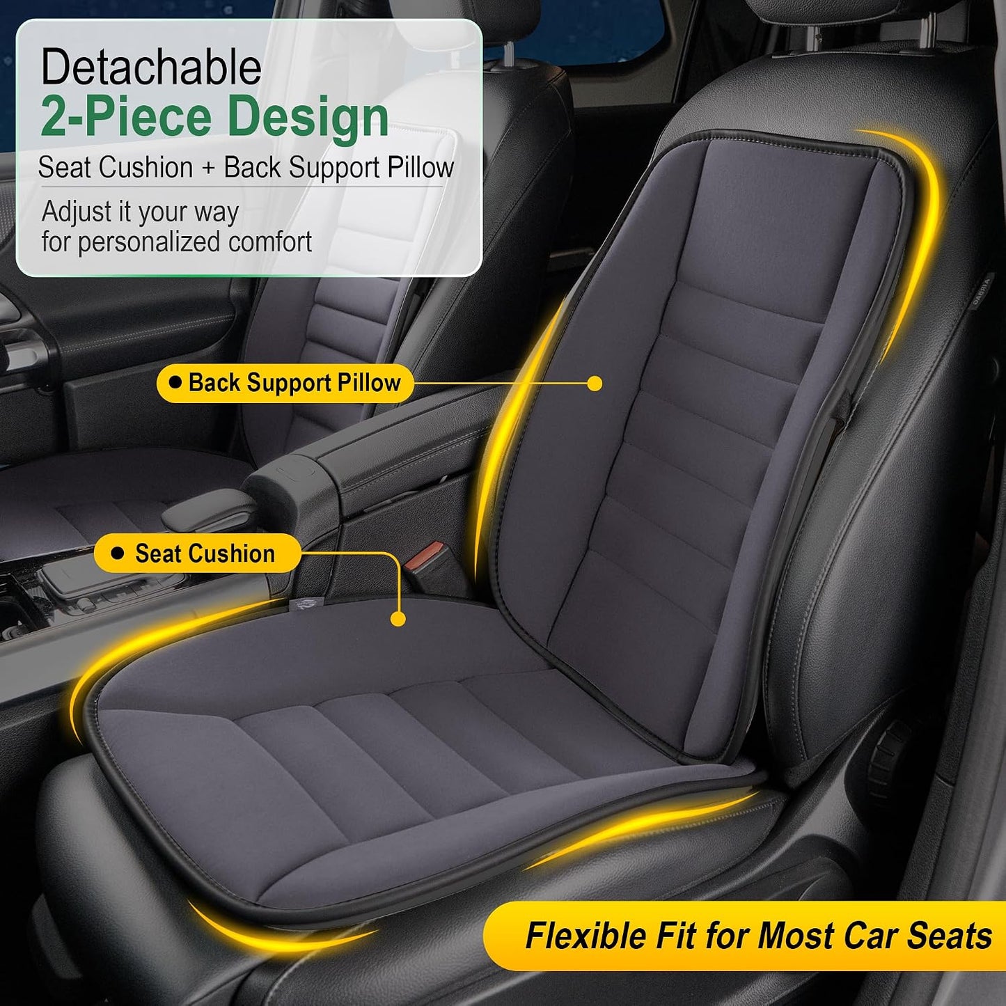 kingphenix Car Seat Cushion with Back Support Pillow: Enhanced Comfort Memory Foam Design for Pain Relief, Ideal for Drivers and Office Use - Ergonomic Lumbar Comfort for Long Sitting - Black