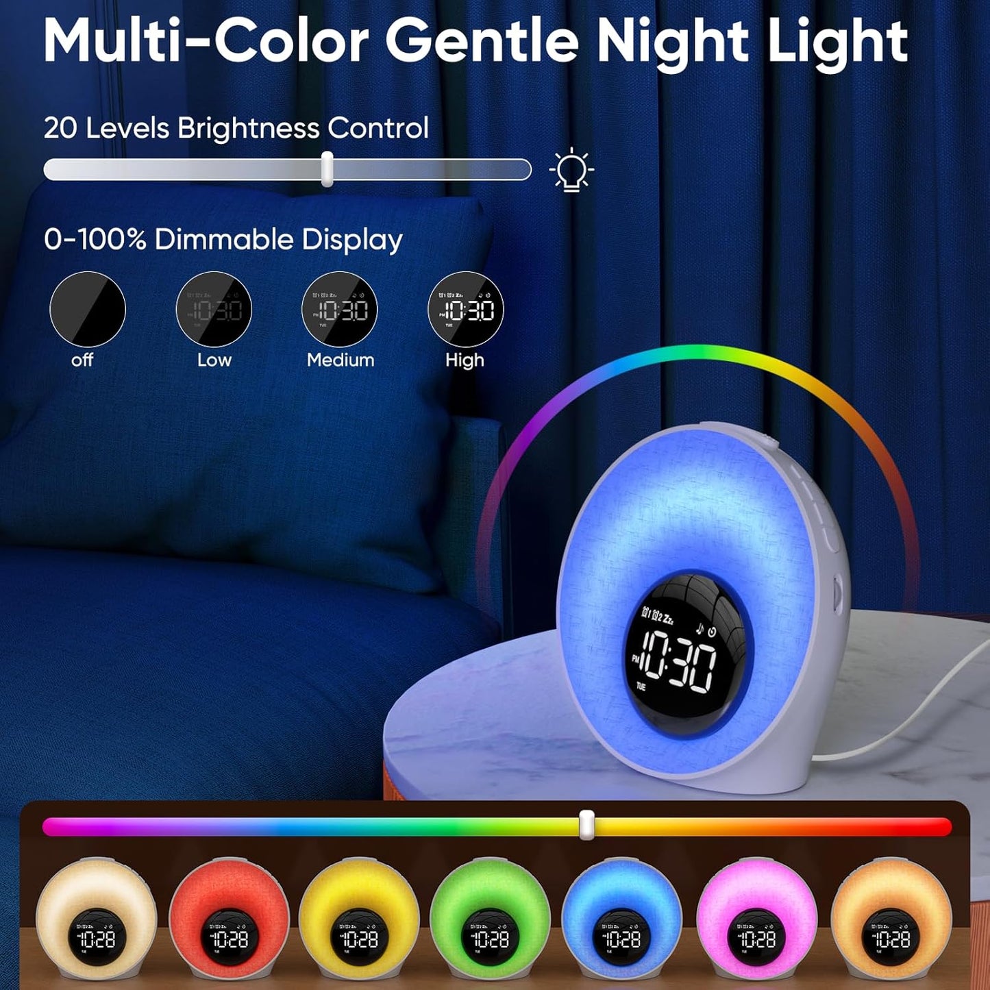 AFEXOA Sunrise Alarm Clock with Wake Up Light, White Noise Machine with 30 Soothing Sounds, 8 Color Dimmable Night Light, Dual Alarms for Heavy Sleepers/Adults/Kids