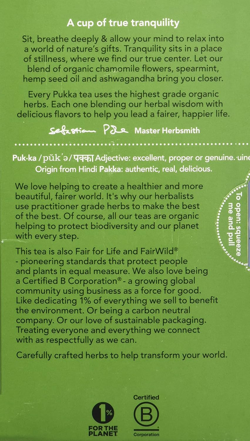 Pukka Organic Peace Herbal Tea with Spearmint, Ashwagandha, and Hemp Seed Oil, Caffeine Free, 20 Total Tea Bags
