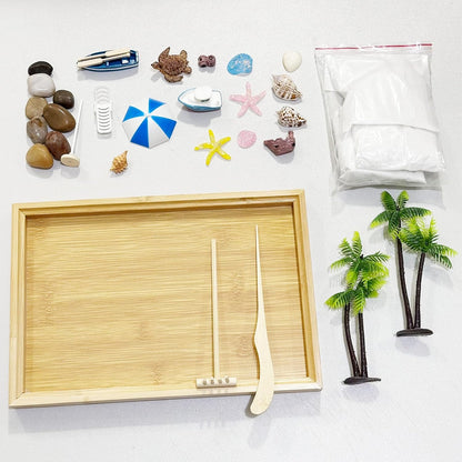 Woohome Mini Zen Garden Kit, Mini Zen Sand Garden Kit, Ocean Beach Sandbox Decorations Zen Decor Kit with White Sand, Mini Boats, Shells, Rocks for Home Office Desktop Decor