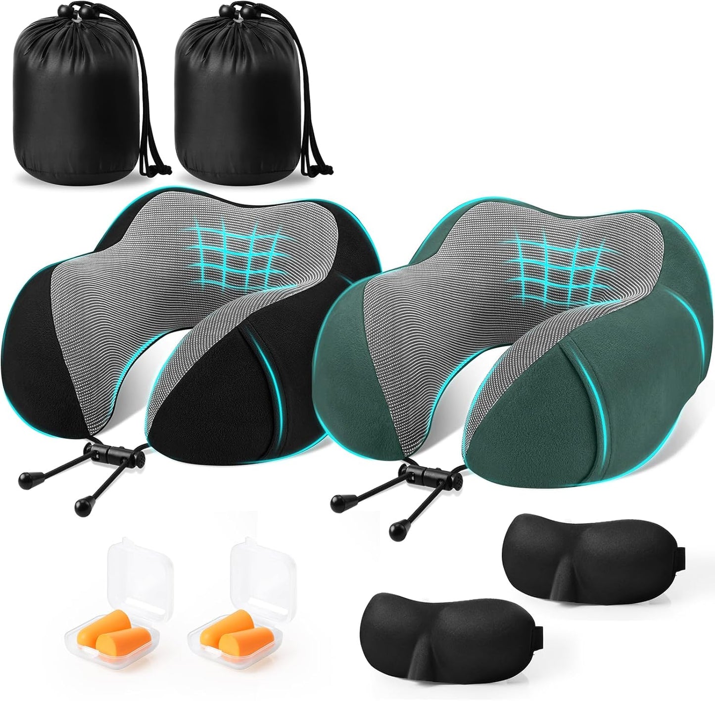 CloudBliss Travel Pillow for Airplane, Memory Foam Neck Pillow for Travel, Compact Flight Pillow with Eye Mask, Earplugs, Carry Bag, Travel Neck Pillow for Long Flight Sleep, Plane Accessories, Black