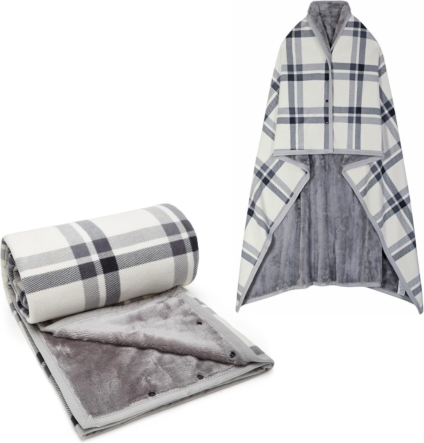 forestfish Fleece Wearable Blanket, Plaid Lap Blanket Comfy Poncho Throw with Buttons for Bed Sofa Office, Grey-White